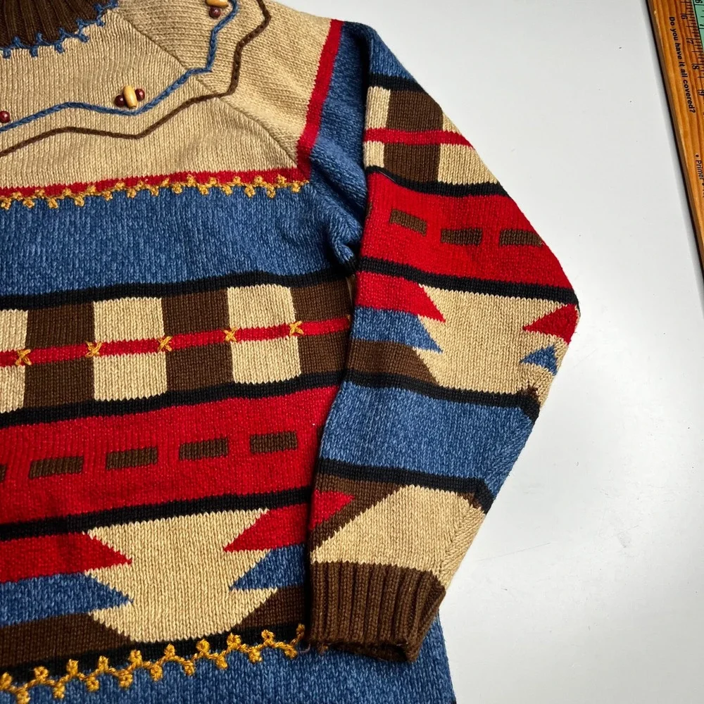 Lizsport Vintage Southwestern Geometric Beaded Ramie Cotton Sweater Small